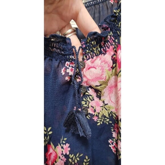 Abercrombie Kids Floral Ruffle Sheer Navy Peasant Blouse Size M - Picture 6 of 9